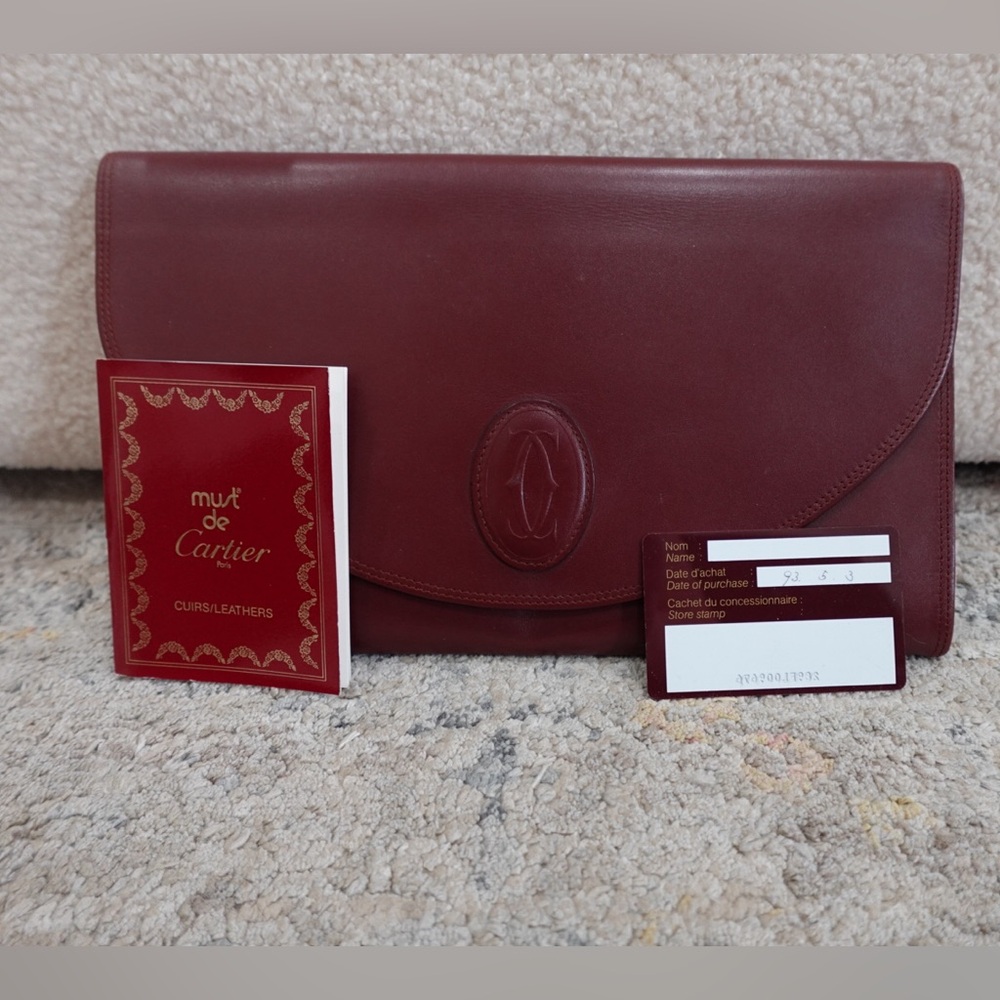 Authentic Cartier Must de‎ Cartier Clutch Bag Leather Bordeaux Red